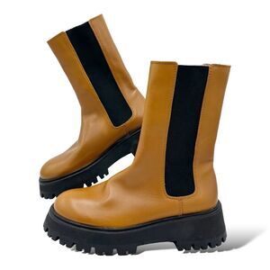 ZARA Brown Leather Black Gore Chunky Lug Sole Mid-Calf Chelsea Boots, Size 38